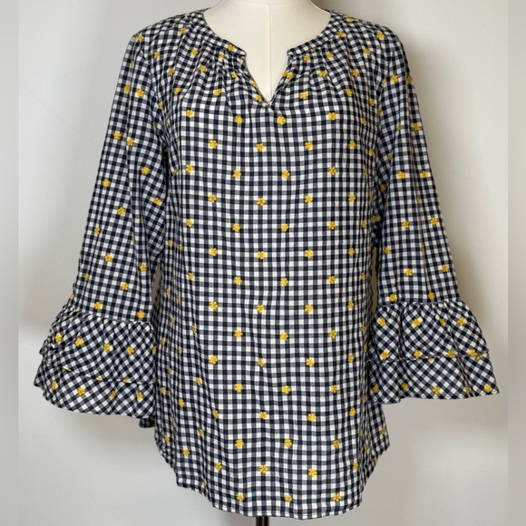 Talbots Navy And White Gingham Plaid Cotton Top Bell Sleeves Women’s Size Medium - Picture 1 of 9